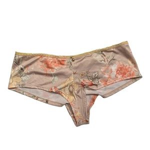Womans Sexy BOY CUT SHORTS In Satin-Beige -Orange Floral Design-XL.